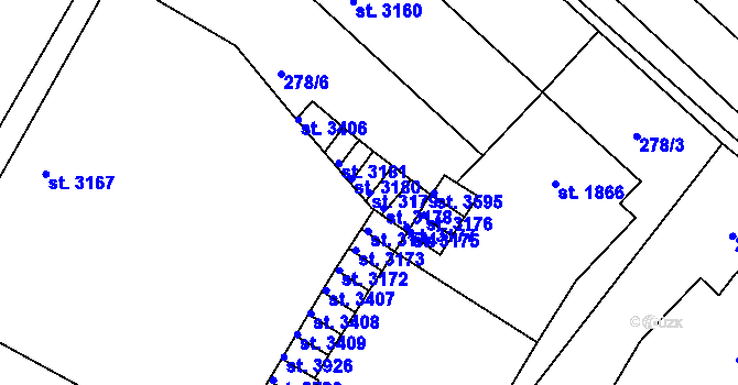 Parcela st. 3179 v KÚ Rakovník, Katastrální mapa