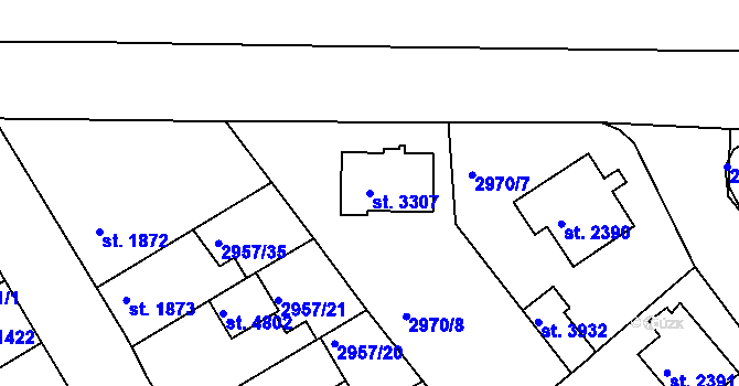 Parcela st. 3307 v KÚ Rakovník, Katastrální mapa