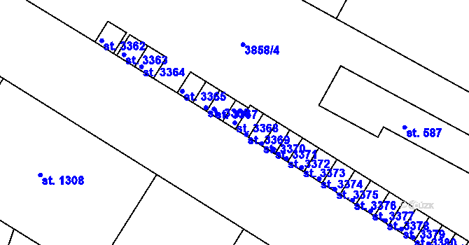 Parcela st. 3368 v KÚ Rakovník, Katastrální mapa