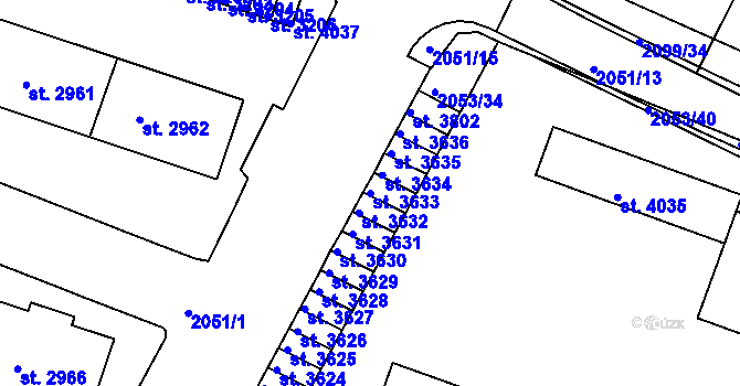 Parcela st. 3633 v KÚ Rakovník, Katastrální mapa