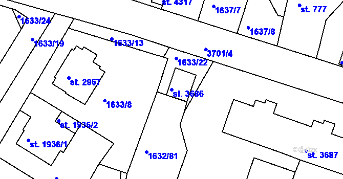 Parcela st. 3686 v KÚ Rakovník, Katastrální mapa
