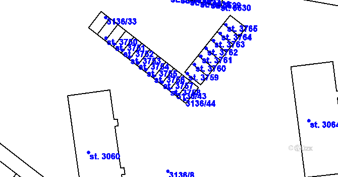 Parcela st. 3758 v KÚ Rakovník, Katastrální mapa
