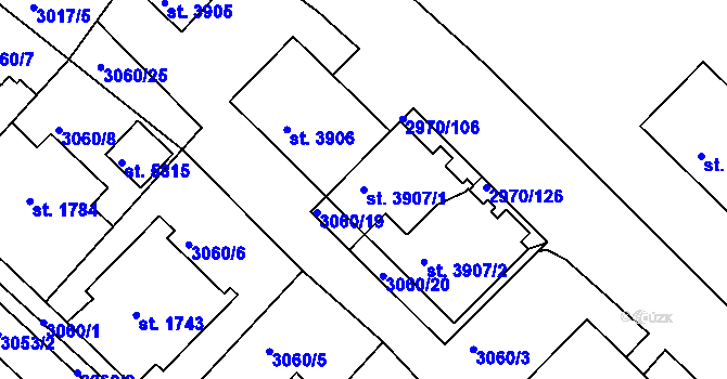 Parcela st. 3907/1 v KÚ Rakovník, Katastrální mapa