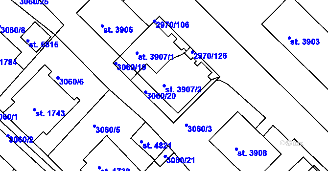 Parcela st. 3907/2 v KÚ Rakovník, Katastrální mapa