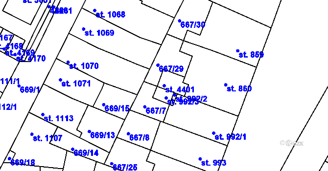 Parcela st. 4401 v KÚ Rakovník, Katastrální mapa