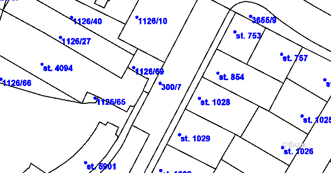 Parcela st. 300/7 v KÚ Rakovník, Katastrální mapa