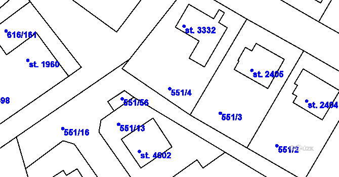 Parcela st. 551/4 v KÚ Rakovník, Katastrální mapa