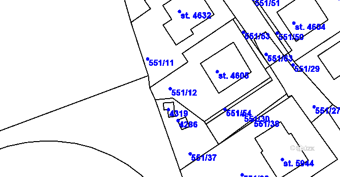 Parcela st. 551/12 v KÚ Rakovník, Katastrální mapa