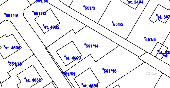 Parcela st. 551/14 v KÚ Rakovník, Katastrální mapa