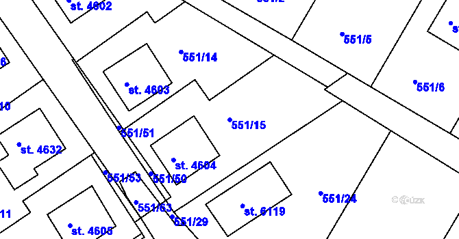 Parcela st. 551/15 v KÚ Rakovník, Katastrální mapa