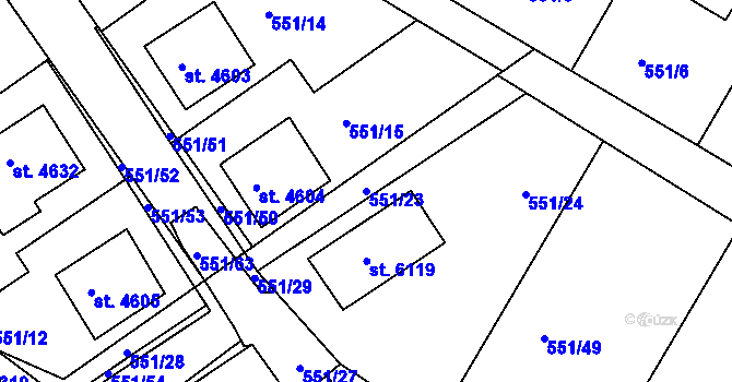 Parcela st. 551/23 v KÚ Rakovník, Katastrální mapa