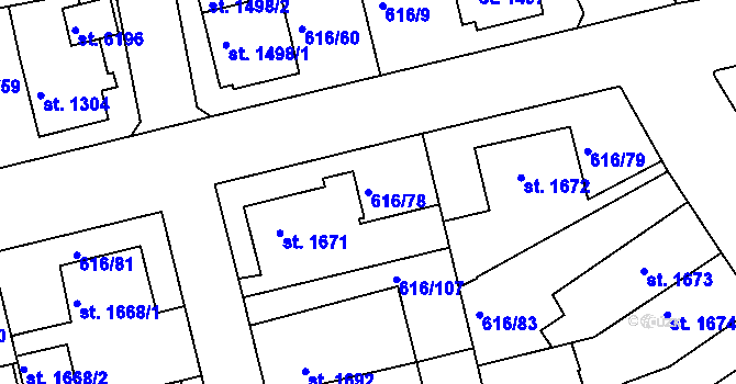 Parcela st. 616/78 v KÚ Rakovník, Katastrální mapa