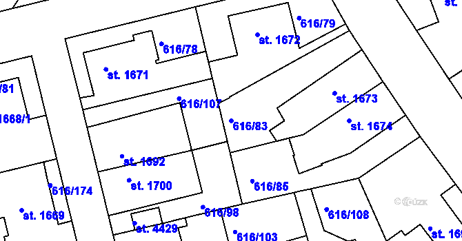 Parcela st. 616/83 v KÚ Rakovník, Katastrální mapa