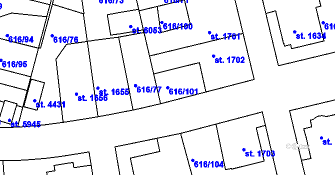 Parcela st. 616/101 v KÚ Rakovník, Katastrální mapa