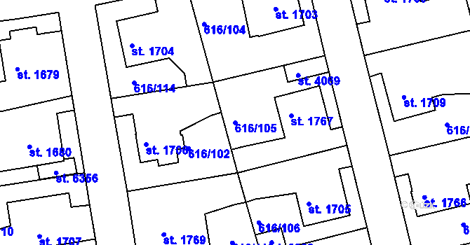 Parcela st. 616/105 v KÚ Rakovník, Katastrální mapa