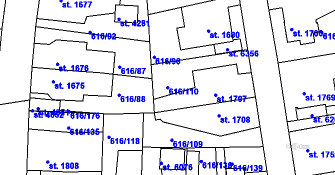 Parcela st. 616/110 v KÚ Rakovník, Katastrální mapa