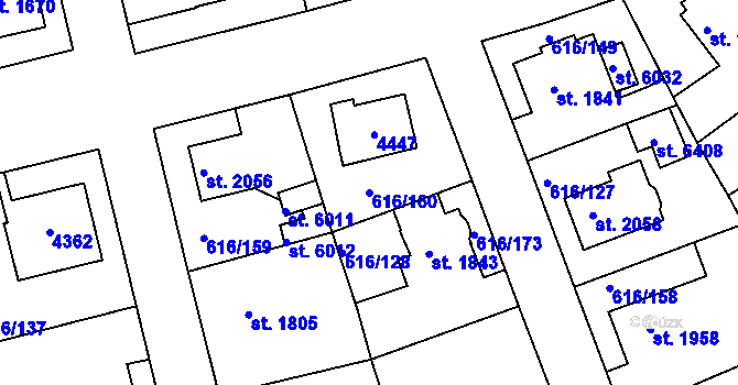 Parcela st. 616/160 v KÚ Rakovník, Katastrální mapa