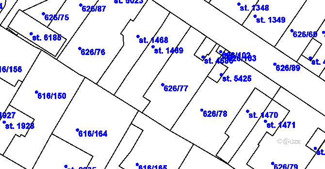 Parcela st. 626/77 v KÚ Rakovník, Katastrální mapa