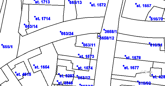 Parcela st. 663/11 v KÚ Rakovník, Katastrální mapa