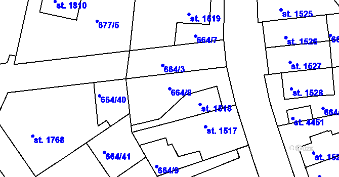 Parcela st. 664/8 v KÚ Rakovník, Katastrální mapa