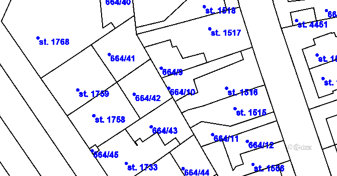 Parcela st. 664/10 v KÚ Rakovník, Katastrální mapa