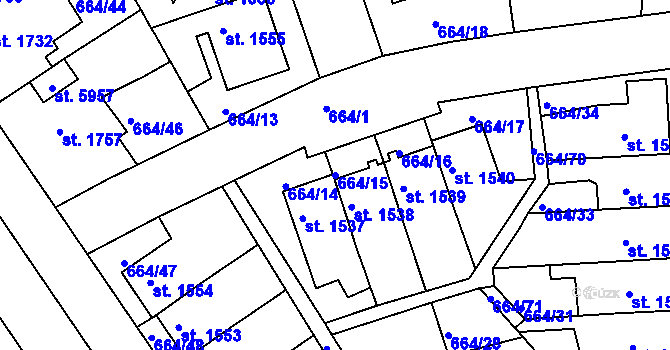 Parcela st. 664/15 v KÚ Rakovník, Katastrální mapa