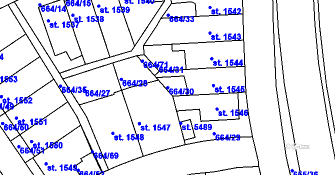 Parcela st. 664/30 v KÚ Rakovník, Katastrální mapa