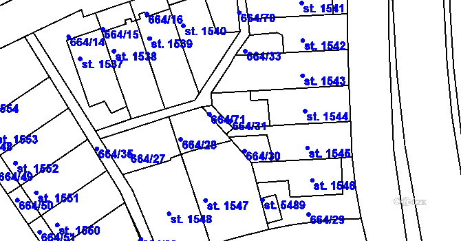 Parcela st. 664/31 v KÚ Rakovník, Katastrální mapa