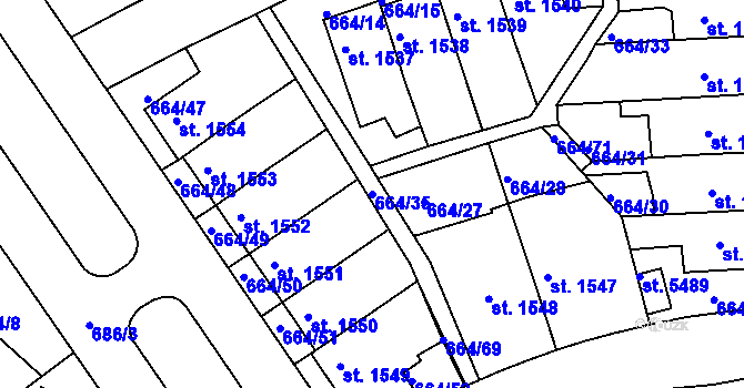 Parcela st. 664/35 v KÚ Rakovník, Katastrální mapa