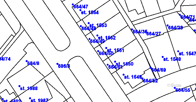 Parcela st. 664/50 v KÚ Rakovník, Katastrální mapa