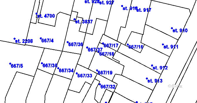 Parcela st. 667/18 v KÚ Rakovník, Katastrální mapa