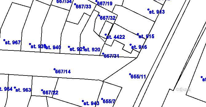 Parcela st. 667/31 v KÚ Rakovník, Katastrální mapa