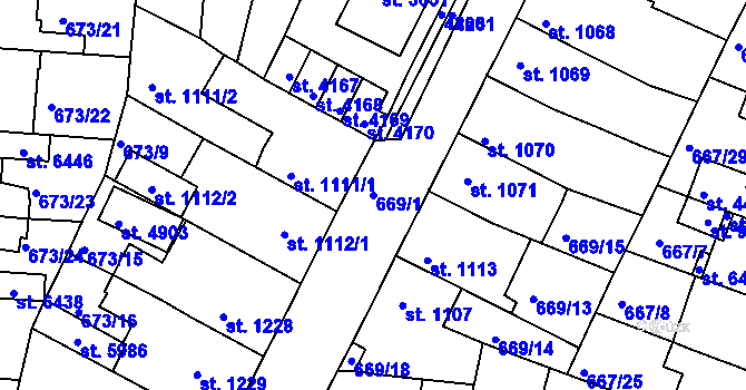 Parcela st. 669/1 v KÚ Rakovník, Katastrální mapa