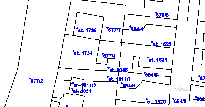 Parcela st. 677/4 v KÚ Rakovník, Katastrální mapa