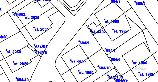 Parcela st. 684/9 v KÚ Rakovník, Katastrální mapa