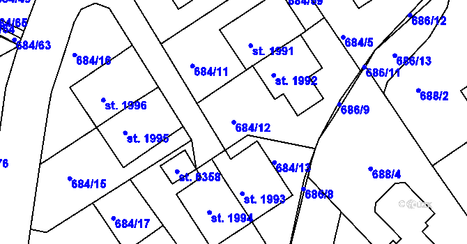 Parcela st. 684/12 v KÚ Rakovník, Katastrální mapa
