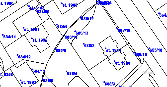 Parcela st. 688/2 v KÚ Rakovník, Katastrální mapa