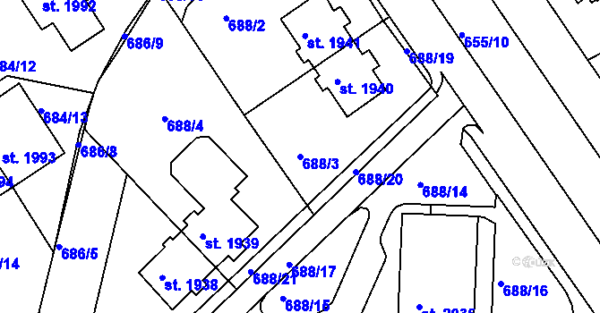 Parcela st. 688/3 v KÚ Rakovník, Katastrální mapa