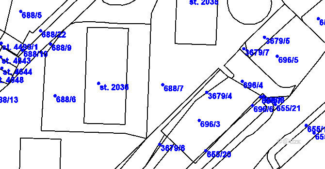 Parcela st. 688/7 v KÚ Rakovník, Katastrální mapa