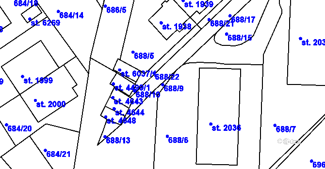 Parcela st. 688/9 v KÚ Rakovník, Katastrální mapa