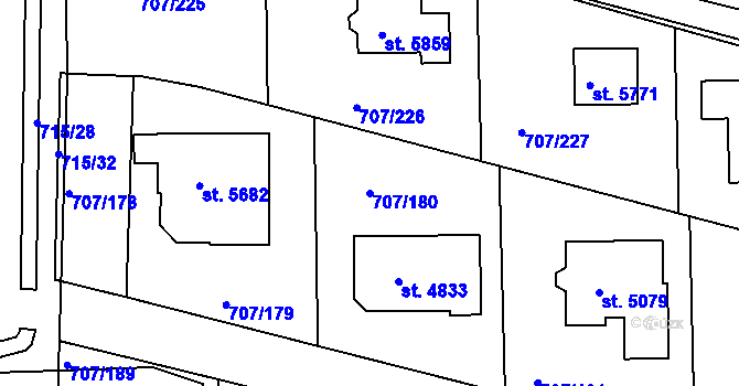 Parcela st. 707/180 v KÚ Rakovník, Katastrální mapa