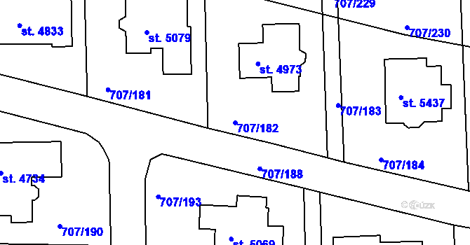 Parcela st. 707/182 v KÚ Rakovník, Katastrální mapa