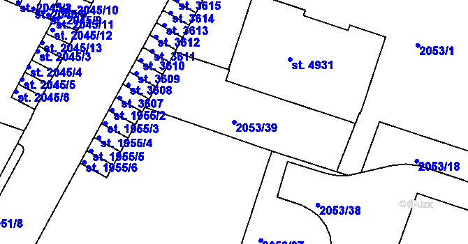 Parcela st. 2053/39 v KÚ Rakovník, Katastrální mapa
