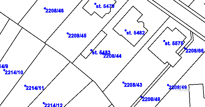 Parcela st. 2208/44 v KÚ Rakovník, Katastrální mapa