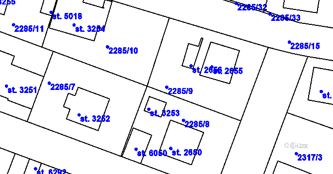 Parcela st. 2285/9 v KÚ Rakovník, Katastrální mapa