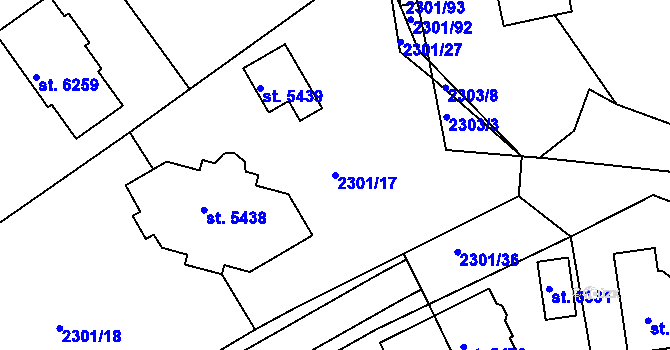 Parcela st. 2301/17 v KÚ Rakovník, Katastrální mapa