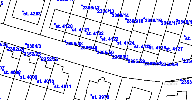Parcela st. 2366/50 v KÚ Rakovník, Katastrální mapa