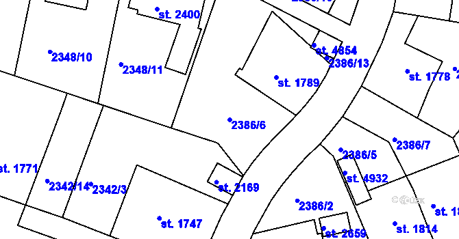 Parcela st. 2386/6 v KÚ Rakovník, Katastrální mapa