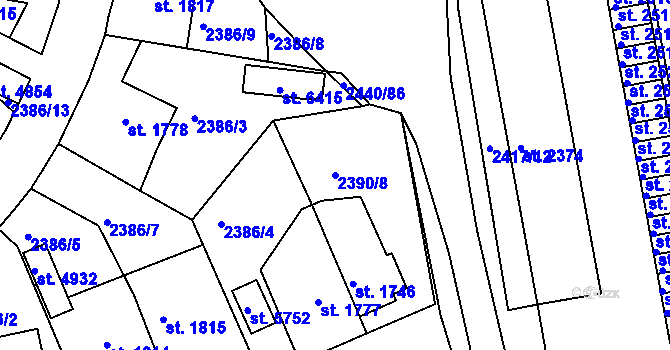 Parcela st. 2390/8 v KÚ Rakovník, Katastrální mapa