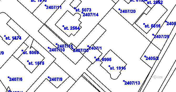 Parcela st. 2407/1 v KÚ Rakovník, Katastrální mapa